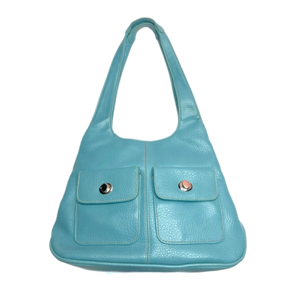 Vintage Tiffany Blue Leather Shoulder Bag with button pockets